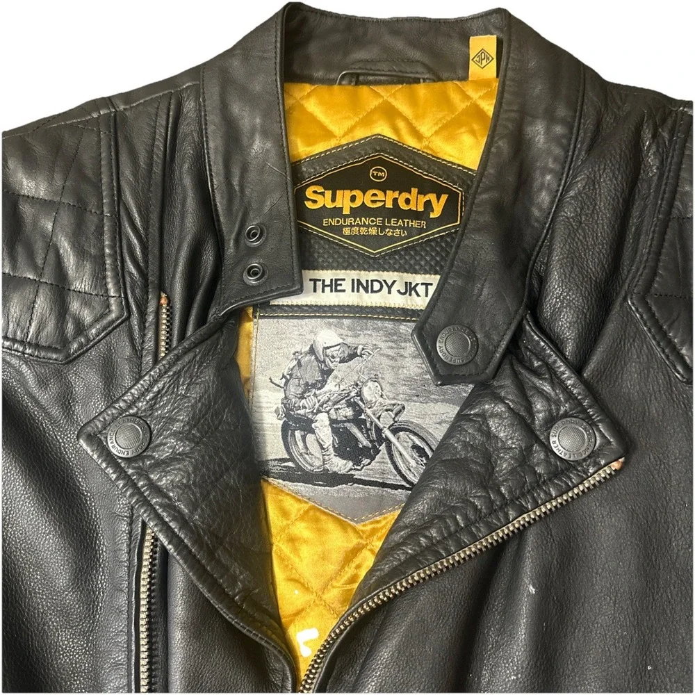Superdry Endurance Leather The Indy JKT Black Biker Motorcycle Jacket Men's XL